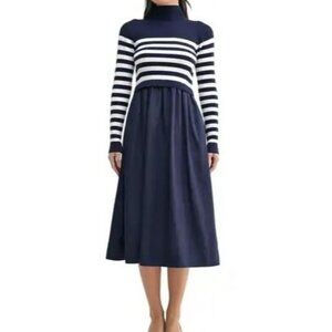 Mila Mae Women's Dress Long Sleeve Midi Navy Blue Sweater Full Skirt Medium NWOT